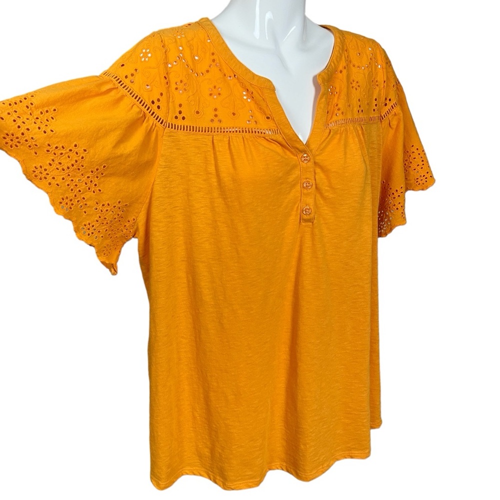 Lane Bryant Orange Short Flutter Eyelet Sleeves Split Neck Top Size 18/20 - Picture 4 of 10